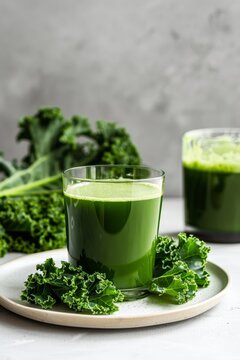 Un plato blanco sobre a gris background with a pitcher of green juice and fresh leaves of Iriada col rizada