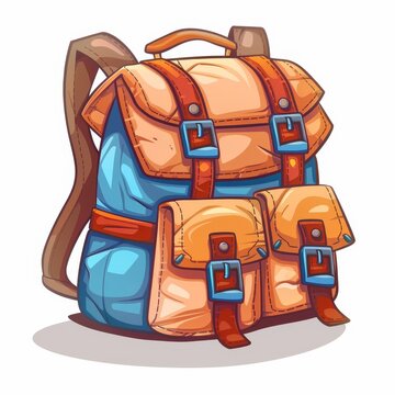 recommend clip art: The backpack has a white background with orange and blue colors. The backpack is a realistic clipart image.