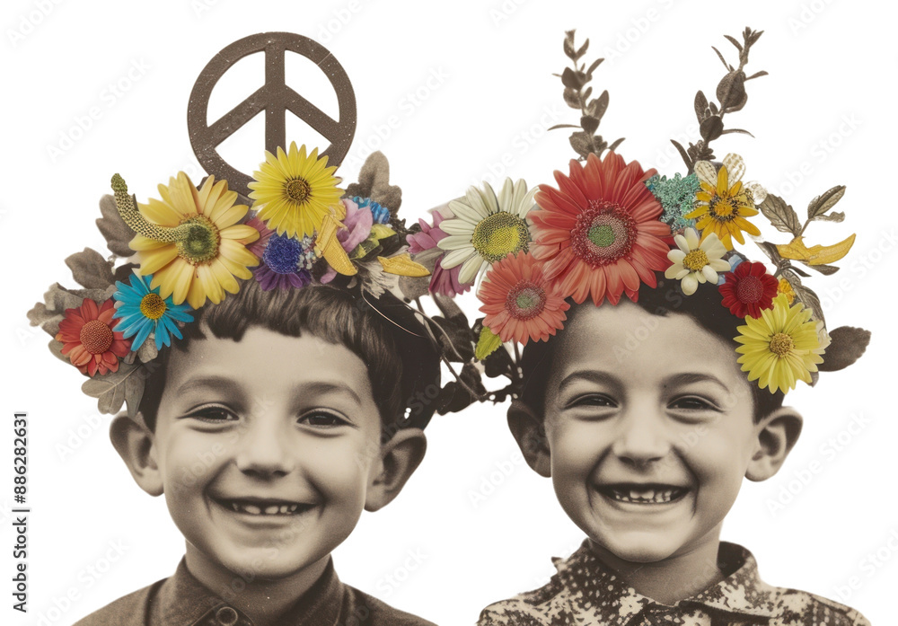 Sticker PNG Paper collage of two kids smiling flower art portrait.