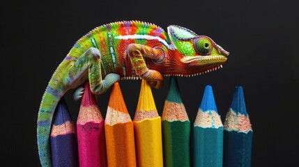 Chameleon on Colorful Pencils