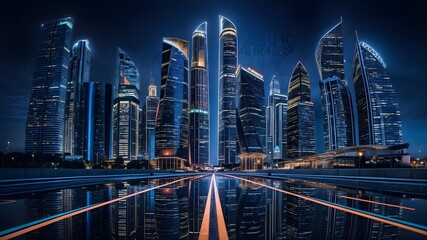 A city skyline with a reflection of a city skyline.