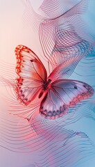 Obraz premium Beautiful butterfly with colorful transparent wings on a background of abstract red and blue lines.