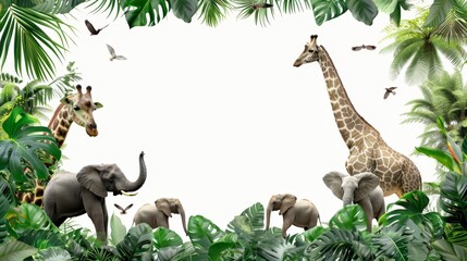 African safari animals in tropical leaves, illustration of jungle frame animals, cartoon