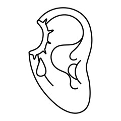 Wounded ear Black and white icon. bullet hole. Injured human ear with blood drops logo. a sense of injury or pain associated with the ear. Flat style Vector illustration