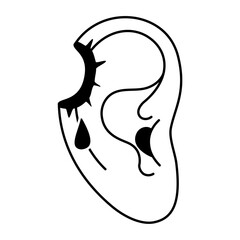 Wounded ear Black and white icon. bullet hole. Injured human ear with blood drops logo. a sense of injury or pain associated with the ear. Flat style Vector illustration
