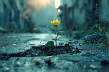 A single yellow flower emerges resiliently through cracked concrete in an urban setting, illuminated by sunlight, symbolizing nature's resilience amid adversity.