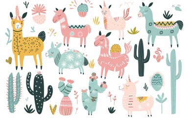 Clipart of cartoon alpacas and llamas. Collection with wild animals.