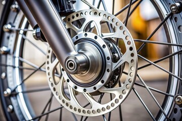 Obraz premium Detailed close-up of modern e-bike's front wheel showcasing stainless steel brake disc and caliper, emphasizing advanced technology and precision engineering.