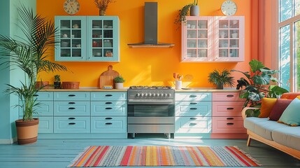 A vibrant and inviting kitchen space flaunts a playful combination of pastel cabinets, bright orange walls, and lush indoor plants.