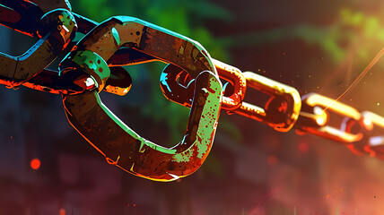 A high-resolution shot of a rusted chain link with peeling paint and patina with copy space 