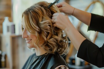 Fototapeta premium woman in the hairdresser salon gets a new styled haircut, sitting on the chair and talks to the hairstylist. smiling and looking happy as she sits