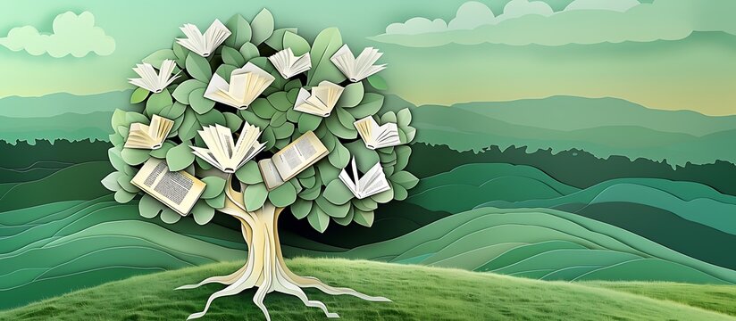 flourishing tree with open books as leaves created in paper cut style against backdrop of rolling green hills The foreground has ample space for educational text