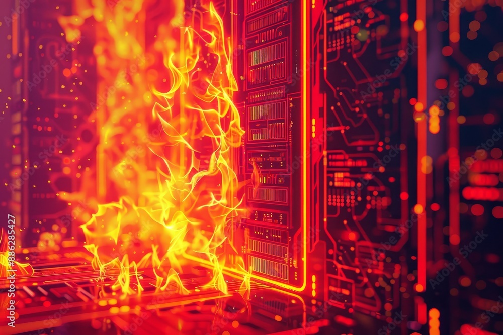 Poster flames engulfing a computer server, causing a dangerous fire hazard, create a visual representation 