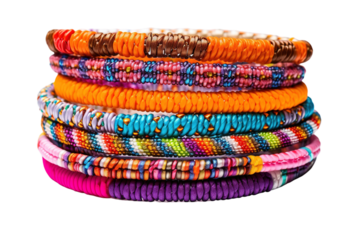 A Stack of Colorful Woven Bracelets Against A White Background on a White or Clear Surface PNG Transparent Background.