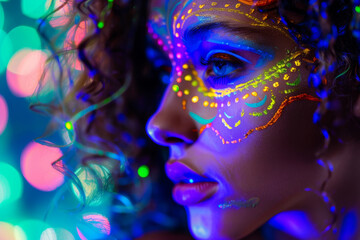 Close-up portrait of a woman with neon body art, lit by blue lights