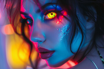 Fototapeta premium A woman face is illuminated with vibrant neon colors