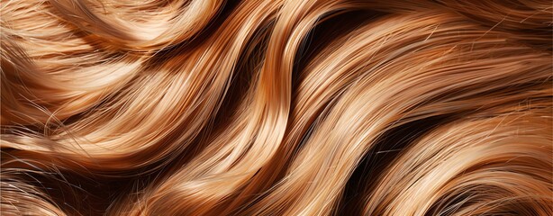 Naklejka premium Closeup of long, shiny brown hair with natural waves, showcasing luxurious texture and vibrant color against a neutral background.