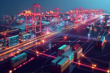 Fototapeta premium A futuristic city teeming with bright lights and advanced architecture, showcasing a modern urban landscape, Create a visual representation of data flow within a complex logistics network