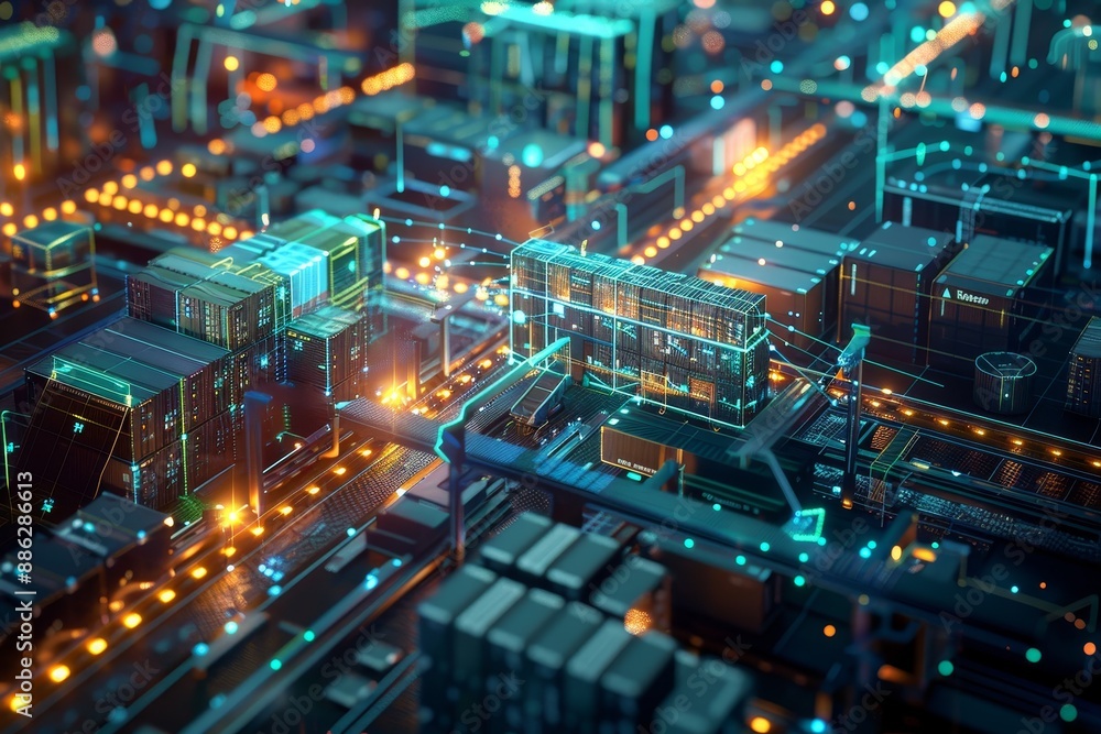 Poster a cityscape at night, with bright lights illuminating skyscrapers and streets below, create a visual