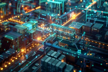 A cityscape at night, with bright lights illuminating skyscrapers and streets below, Create a visual representation of data flow within a complex logistics network