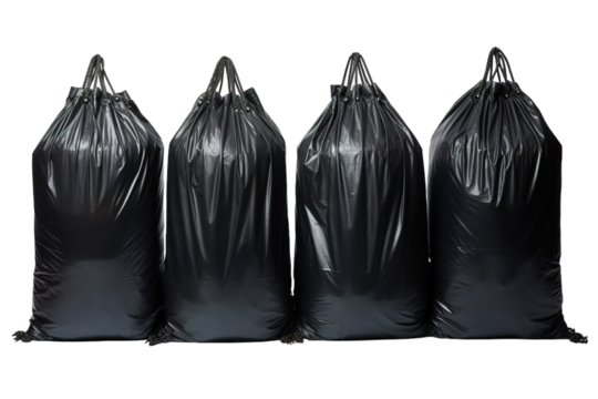 A Row of Four Full Black Trash Bags Ready for Disposal on a White or Clear Surface PNG Transparent Background.