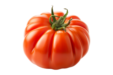 Beefsteak red tomato with a green stem isolated on a white background.