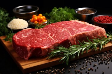 Fototapeta premium raw sliced meat and vegetables and herbs on a wooden board, delicious food