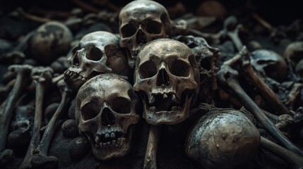 A macabre scene featuring a pile of human skulls and bones, suggesting themes of mortality and decay.