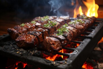 cooking meat with vegetables and herbs on fire, barbecue, flames and smoke, delicious food