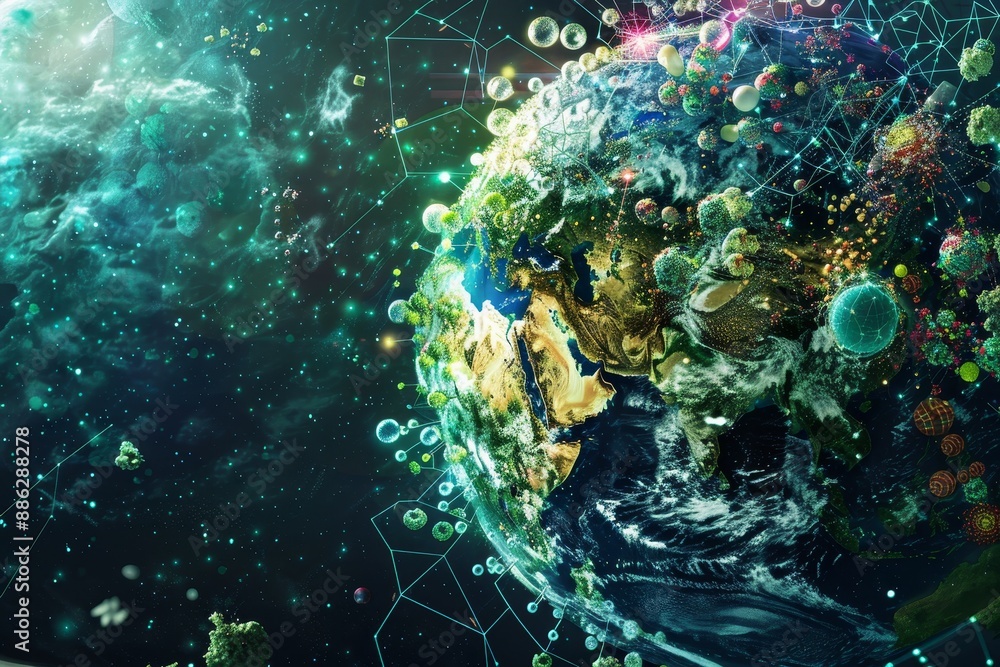 Poster earth depicted on computer screen with bubble overlays, create a visual representation of menstrual 