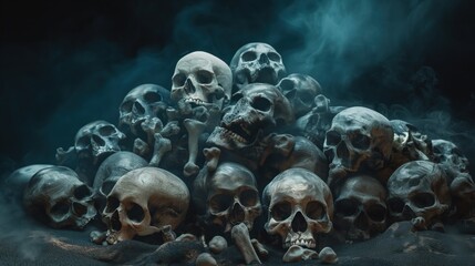 Obraz premium Pile of human skulls and bones in a dark, smoky environment creating an eerie atmosphere.