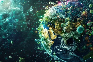 Earth depicted on computer screen with bubble overlays, Create a visual representation of menstrual pain, focusing on the stomach area in red