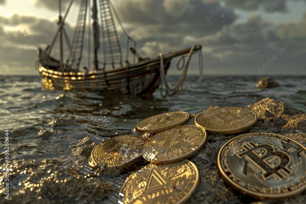 Poster numerous bitcoins floating in the ocean, create a visual representation of the growing popularity an