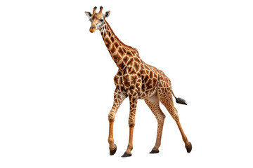 Fototapeta premium A Young Giraffe Races Across a White Background on a White or Clear Surface PNG Transparent Background.