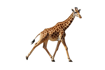 Fototapeta premium A Giraffe's Graceful Sprint Across a White Canvas on a White or Clear Surface PNG Transparent Background.