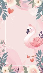 Fototapeta premium Invitation template with florals and flower and cute design with flamingoes for baby shower or birthday modern invitation.