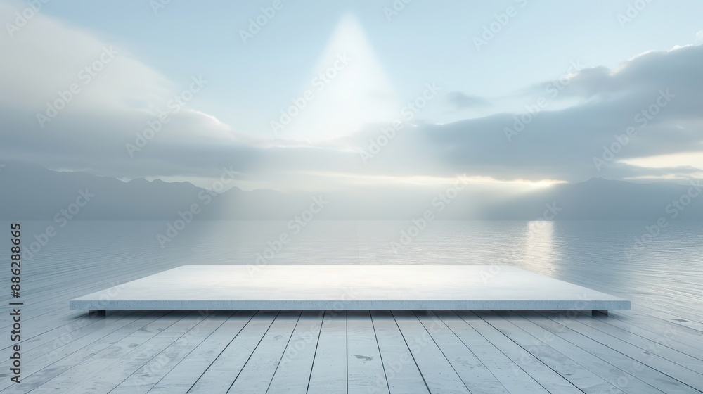 Poster a large white platform is on a beach with a cloudy sky in the background