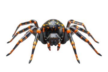 A black and orange spider with eight legs and a hairy body crawls towards the camera.