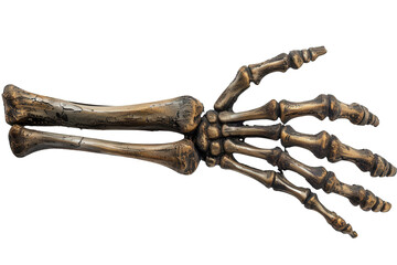 A detailed skeletal hand and forearm reaching out, isolated on a black background.
