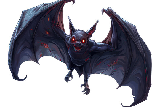 A menacing bat with glowing red eyes and sharp claws, spread wings in a threatening pose.