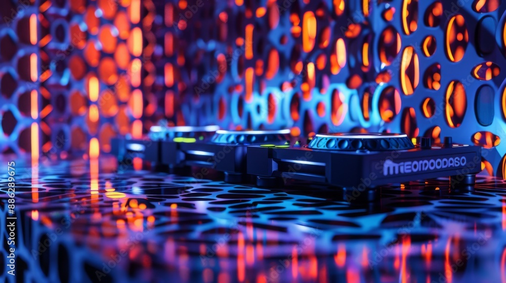 Poster Three turntables sit on a stage illuminated with red and blue lights. The stage is decorated with a grid pattern that reflects the light.