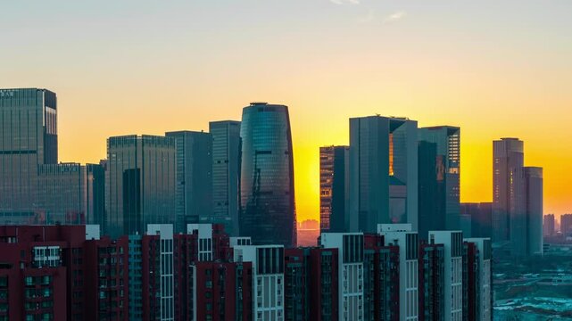 Orange horizon skyline City luxury landmark colorful sunrise behind tall buildings and skyscrapers of downtown with bright sunset lighting, modern office business building and real estate concept