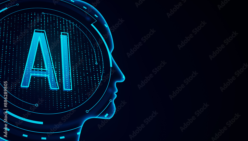 Fototapete Creative ai head outline on dark background with mock up place. Artificial intelligence and innovation concept. 3D Rendering.
