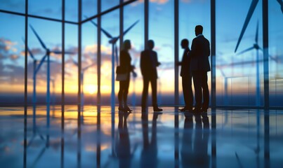 Fototapeta premium Investors and technician who are out of focus in the foreground are standing in talks about wind turbine power generation, Wind turbine farm is an alternative electricity source for business esg ideas