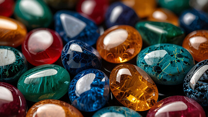 A detailed shot of polished gemstones with vibrant colors and reflections