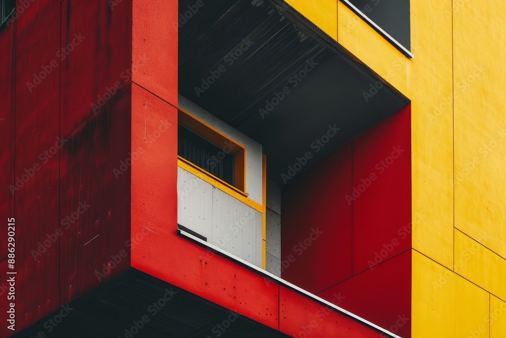 Poster a red and yellow building featuring a window in a vibrant color scheme, create a visually striking l