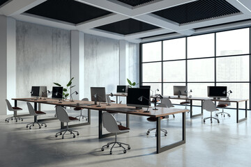 Clean spacious concrete coworking office interior with furniture, panoramic windows and daylight. 3D Rendering.