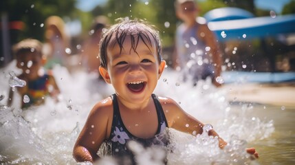 Obraz premium Kids having fun in a shallow wading pool, water toys