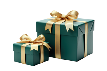 A Festive Duo of Emerald Green Gift Boxes With Golden Ribbon Bows on a White or Clear Surface PNG Transparent Background.