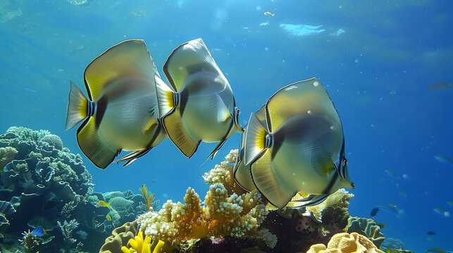 
Group of batfish in the ocean Below is a beautiful coral reef. The water was blue and the sun was shining on it. flock of bat fish